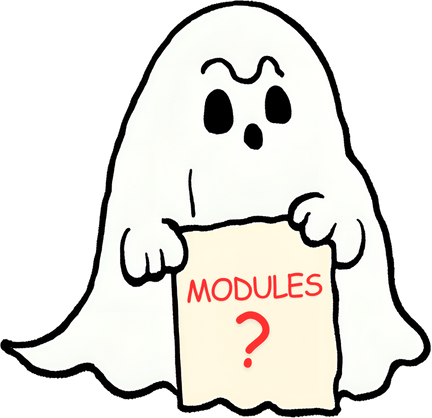 Ghost with a sign reading Modules?