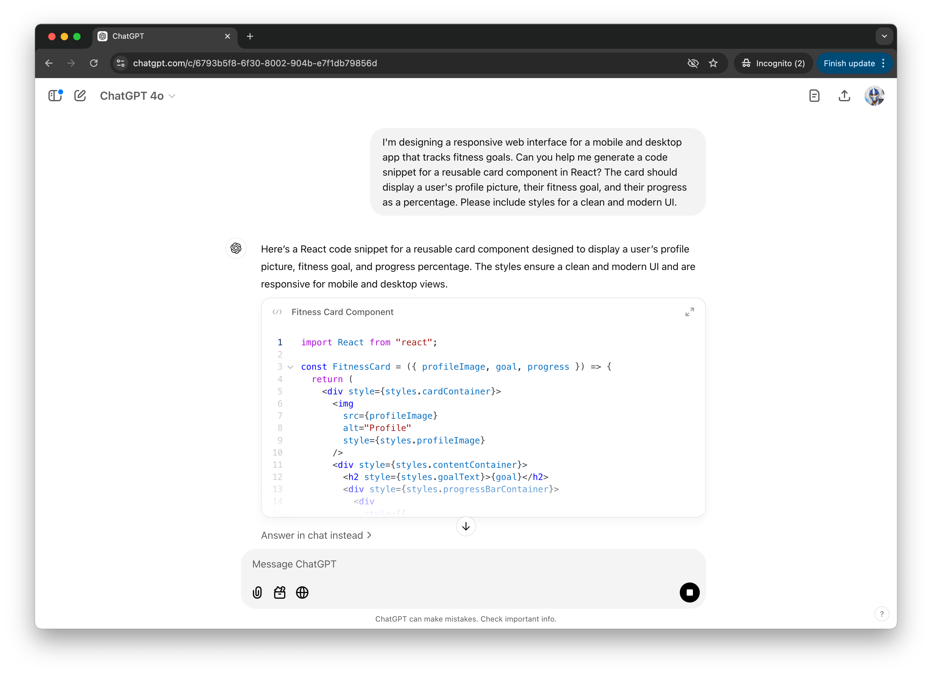 Using ChatGPT to scaffold a React component for a fitness app.